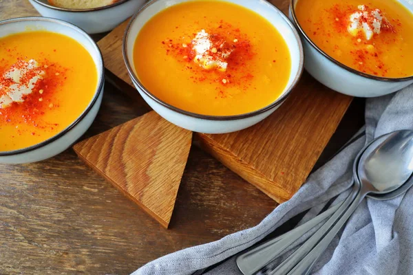 Thanksgiving concept with pumpkin soup .Fall table setting for celebration Autumn holiday with soup. — Photo