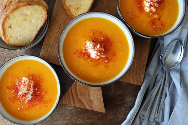 Thanksgiving concept with pumpkin soup .Fall table setting for celebration Autumn holiday with soup. — Photo