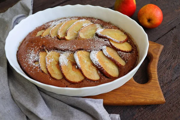 Chocolate Brownie Pear Baking Dish Food Gathering Style Autumn Background — Stock Photo, Image