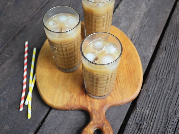 Summer Drink Iced Coffee Tall Glass Rustic Wooden Background Selective — Foto de Stock