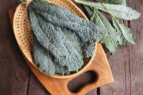 Fresh Black Cabbage Leaves Wooden Background Black Kale Italian Food — Stock Photo, Image