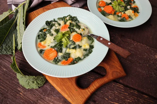 Healthy Vegetable Soup Kale View Table Scene Dark Wood Background —  Fotos de Stock