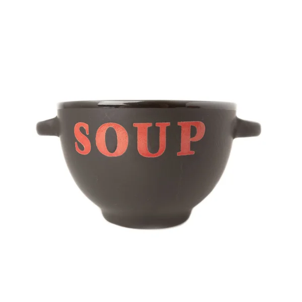 Tigela de cerâmica preta para sopa isolada sobre branco — Fotografia de Stock