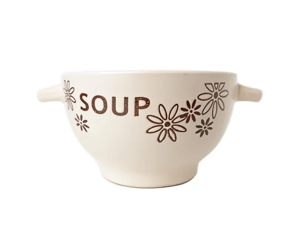 Tigela de cerâmica para sopa com ornamento floral isolado sobre branco — Fotografia de Stock