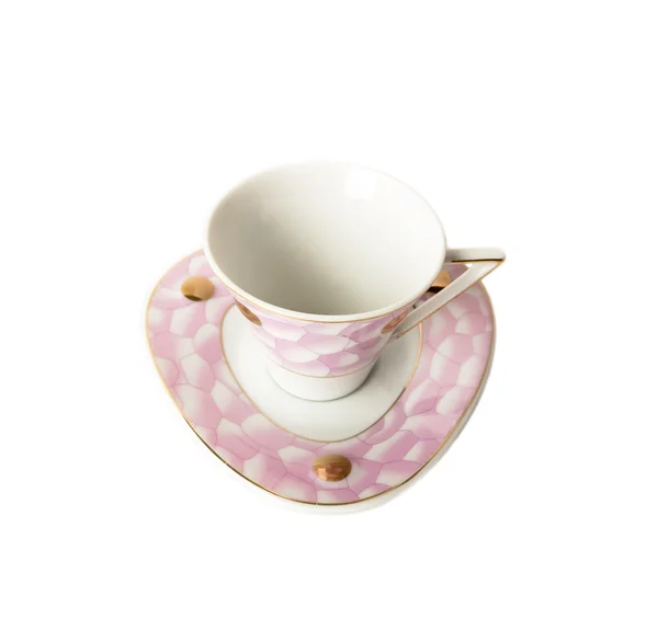 Coffee cup and saucer of porcelain with gentle pink pattern isolated over white — Stock Photo, Image