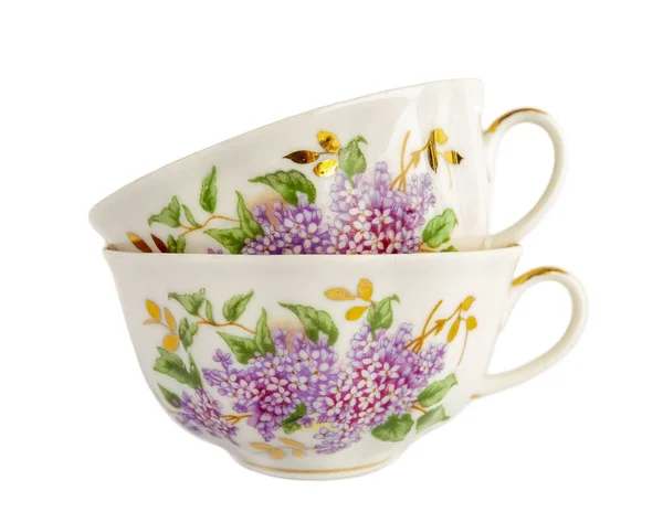 Porcelain Teacup Lilac Pattern Isolated White Background — Foto de Stock