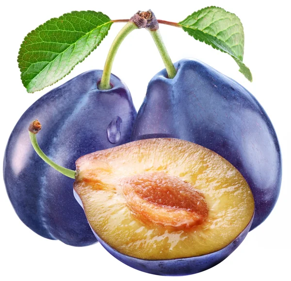 Plums with a slice and leaf — Stock Photo, Image