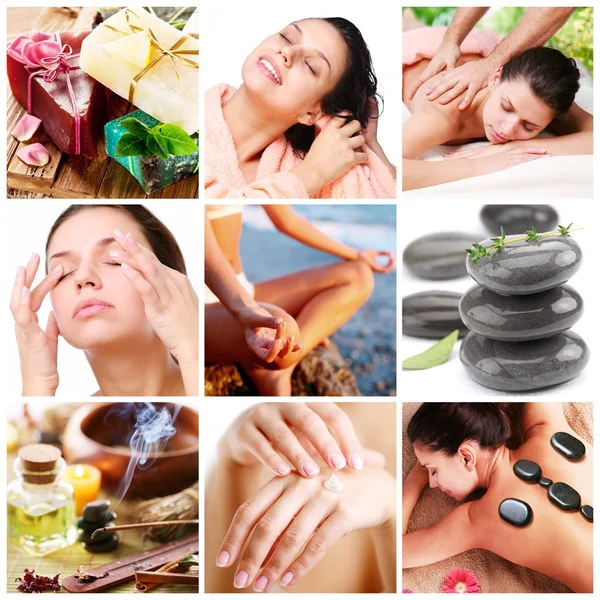 Spa-behandlingar och hälsosam livsstil. collage av nio bilder. — Stockfoto