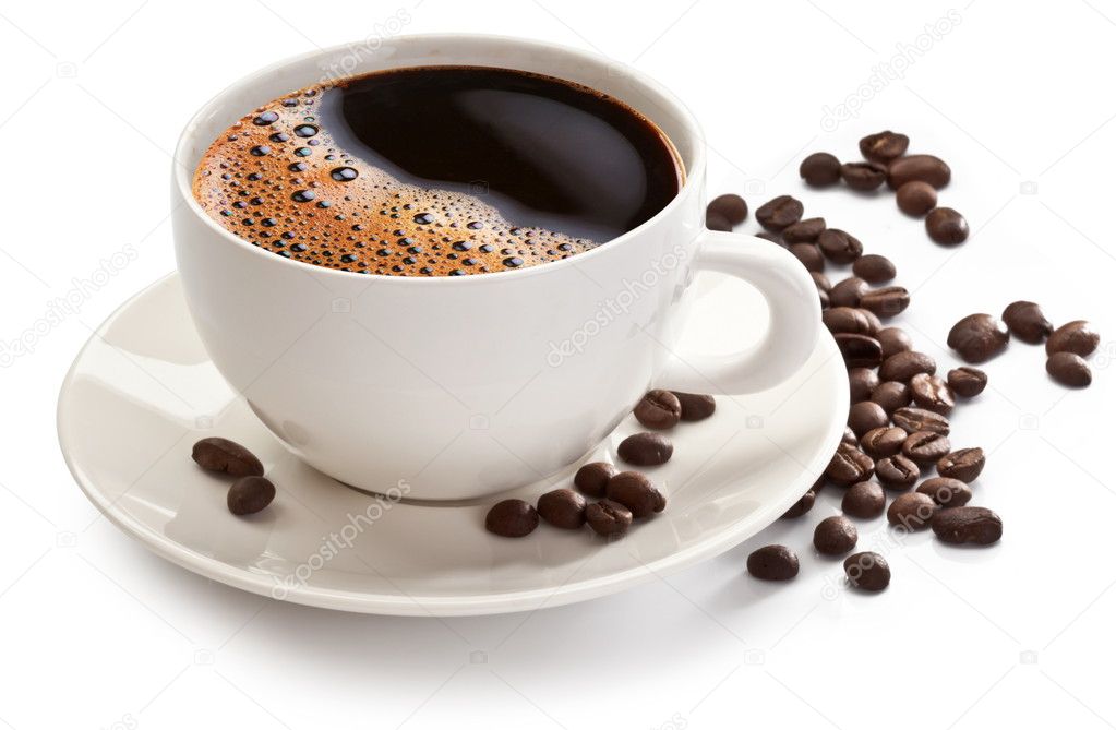Coffee cup and beans on a white background.