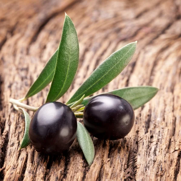 Rijpe zwarte olijven met bladeren. — Stockfoto