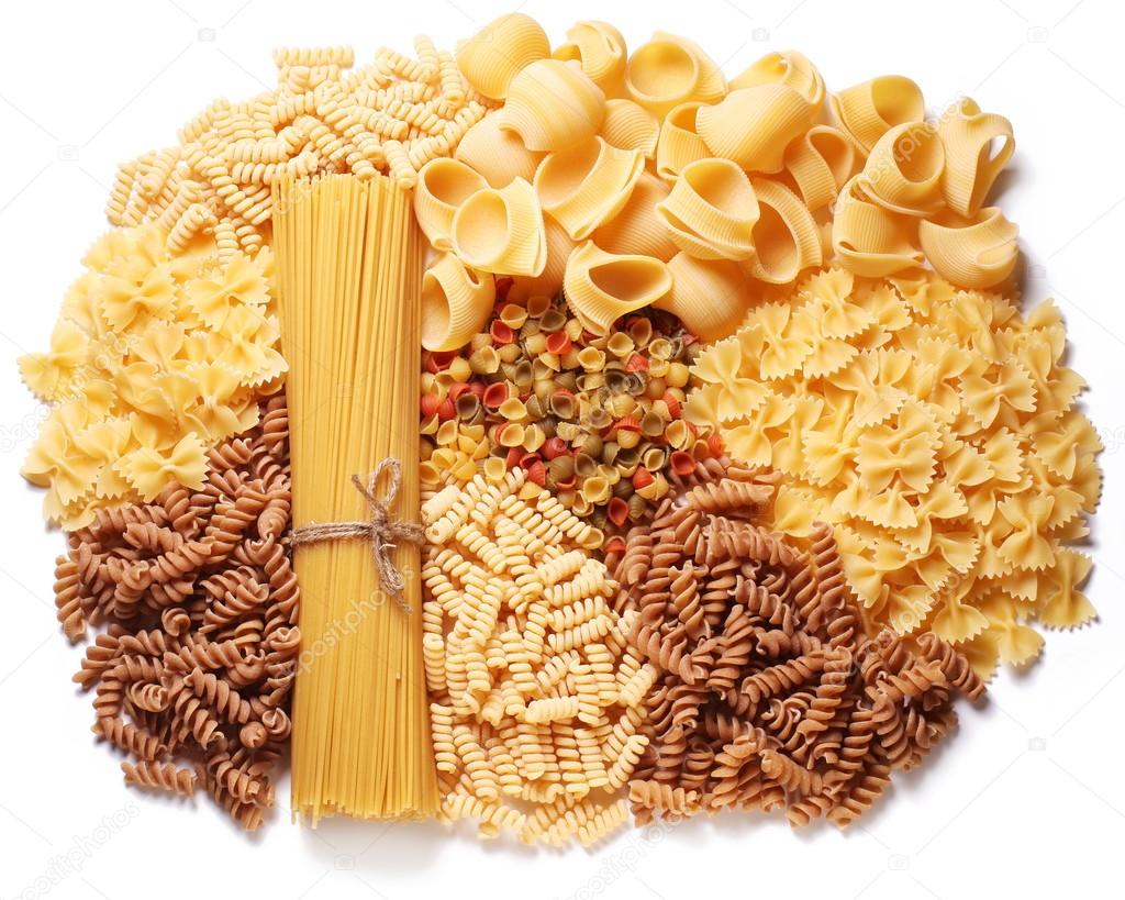 Variations of italian macaroni isolated on white background.