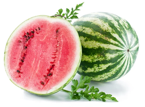 Vattenmelon med ett segment och blad — Stockfoto