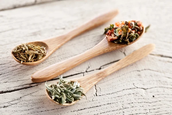 Variety of spices in the spoons. — Stock Photo, Image