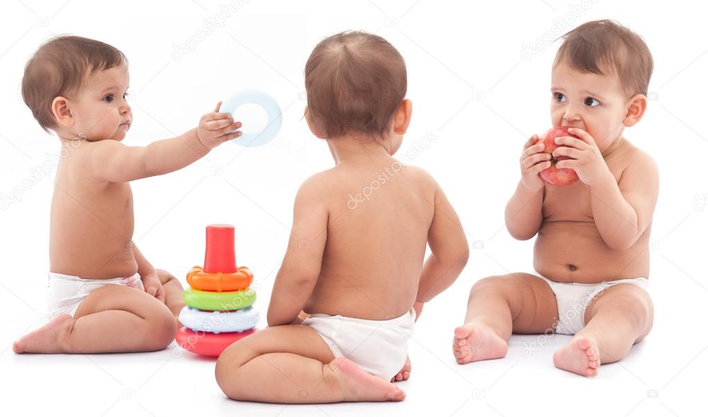 Three babies play on the floor. Montage.