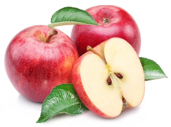 Yaprak ve dilim ile kırmızı elma. — Stok fotoğraf