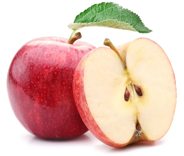 Manzana roja con hoja y rebanada . — Foto de Stock