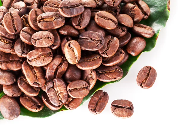 Kávová zrna na list. — Stock fotografie