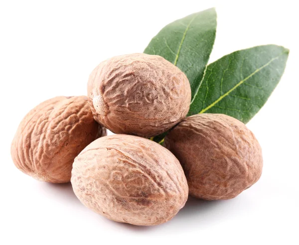 Nutmeg with leaves. — Stock Photo, Image