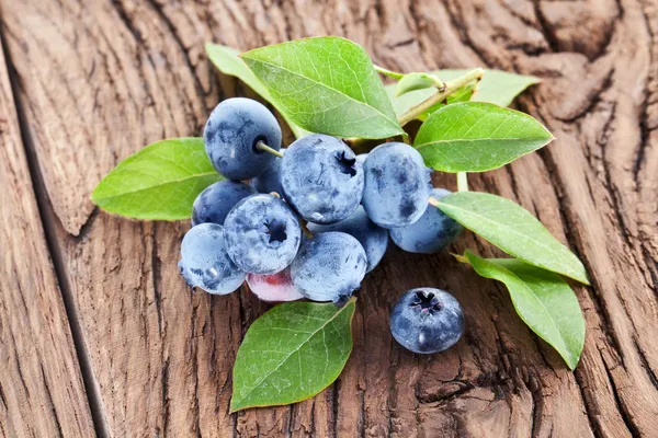 蓝莓放一张桌子上的叶子. — 图库照片