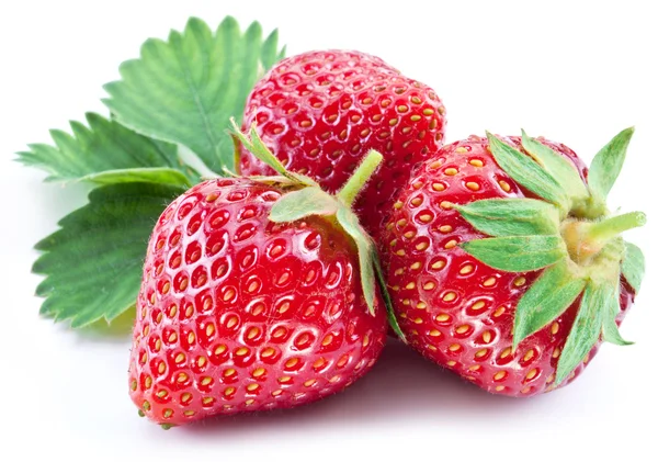 Strawberries with leaf isolated on a white. — Stock Photo, Image