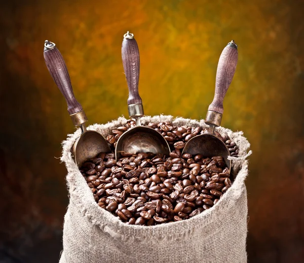 Sacco di chicchi di caffè e paletta — Foto Stock