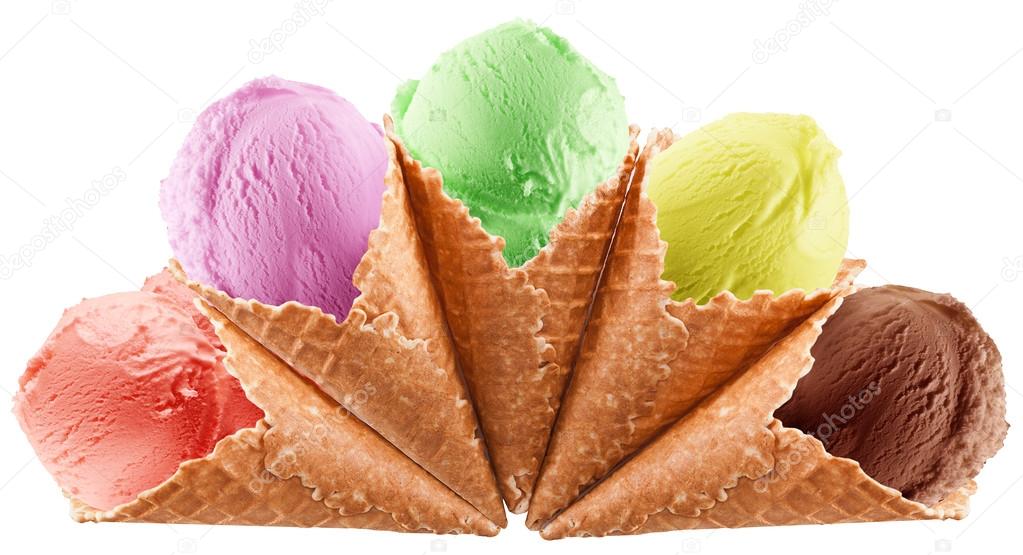 Colorful ice-creams in waffle cones.