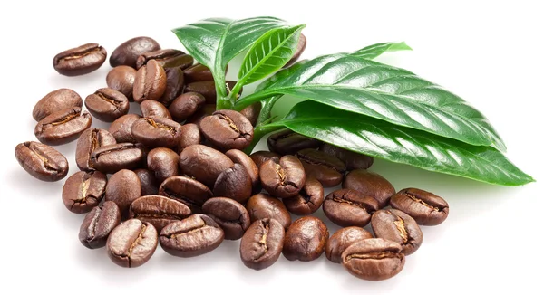 Roasted coffee beans and leaves. — Stock Photo, Image