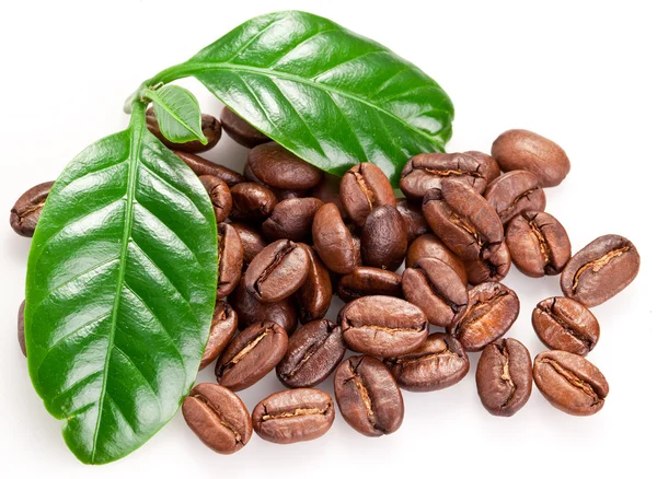 Rostade kaffebönor och blad. — Stockfoto