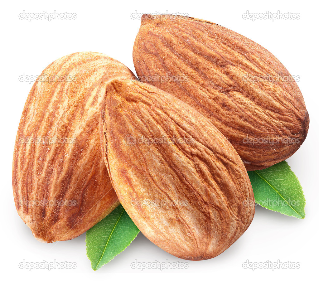 Almonds with leaves isolated.