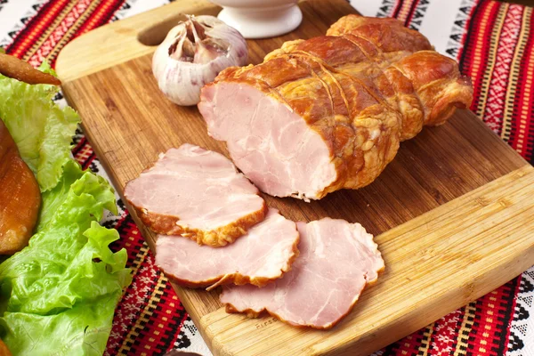 Salted boiled pork on the cutting board. — Stock Image Salted boiled pork on the cutting board. Stock Photo