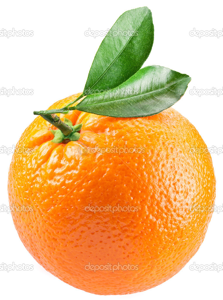 Orange with leaves isolated on a white background.