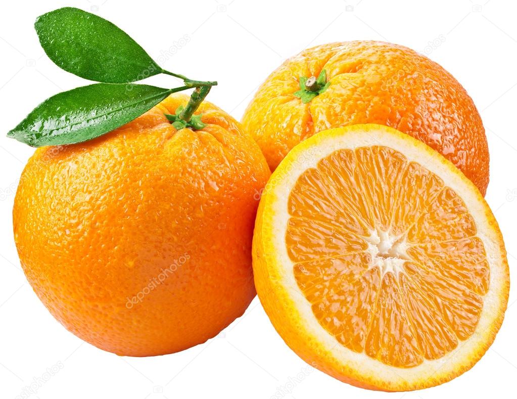Oranges with slice and leaves isolated on a white background.