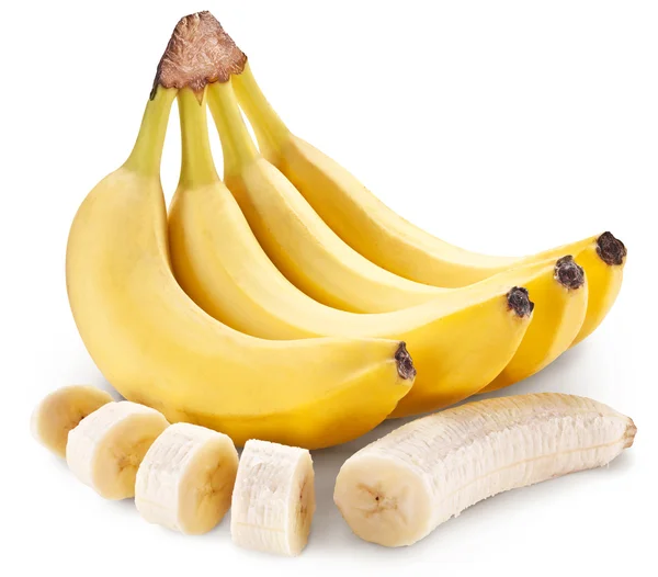 Fruta de banana com pedaços de banana em um fundo branco . — Fotografia de Stock