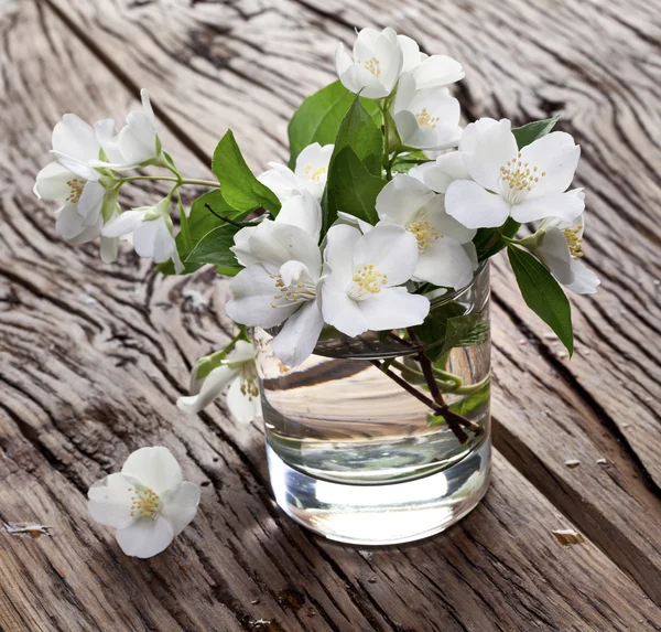 Eski ahşap masa üzerinde Yasemin çiçekleri. — Stok fotoğraf