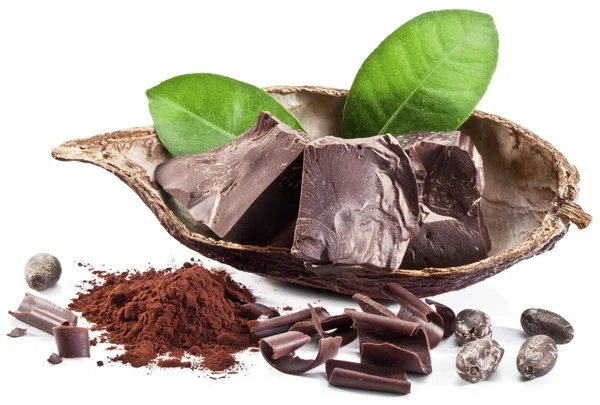 Čokoládové bloků a kakaové boby. — Stock fotografie
