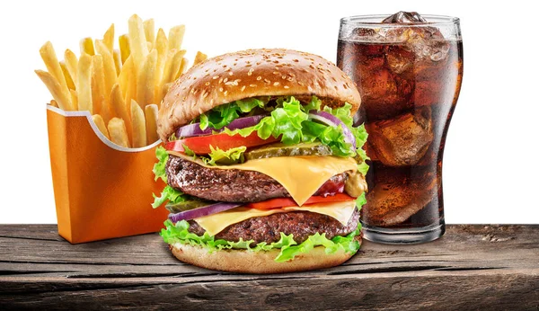 Delicioso Cheeseburger Com Cola Batatas Fritas Fundo Branco Conceito Fast — Fotografia de Stock