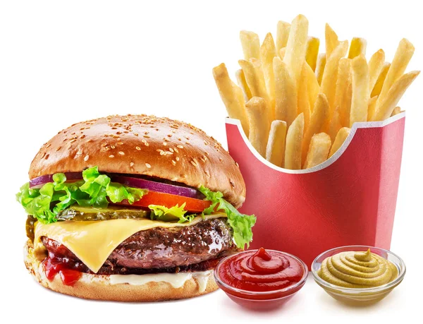 Delicious Cheeseburger Cola Potato Fries White Background Fast Food Concept — Stock Photo, Image