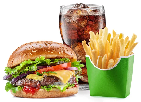 Leckere Cheeseburger Mit Cola Und Kartoffelfrites Auf Weißem Hintergrund Fastfood — Stockfoto