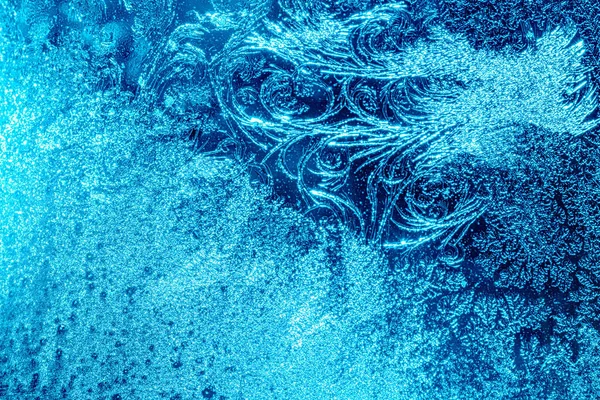 Beaux Motifs Givre Bleu Sur Fenêtre Gelée Comme Symbole Merveille — Photo