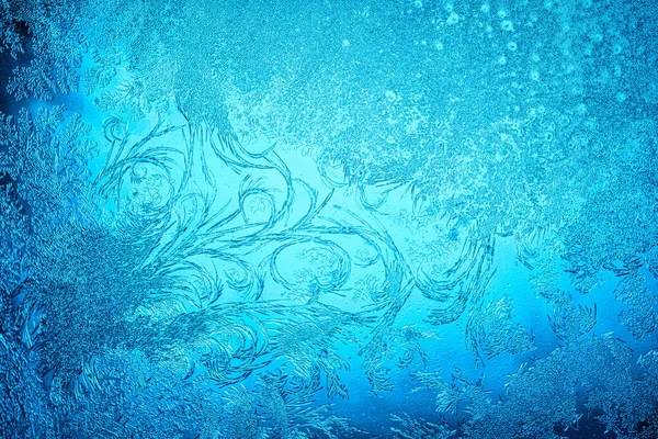 Όμορφα Μπλε Σχέδια Παγετού Στο Παγωμένο Παράθυρο Σύμβολο Του Θαύματος — Φωτογραφία Αρχείου