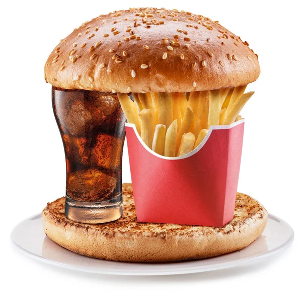 Egy Pohár Kólát Krumplit Két Rész Hamburgeres Zsemle Közé Gyorsétterem — Stock Fotó