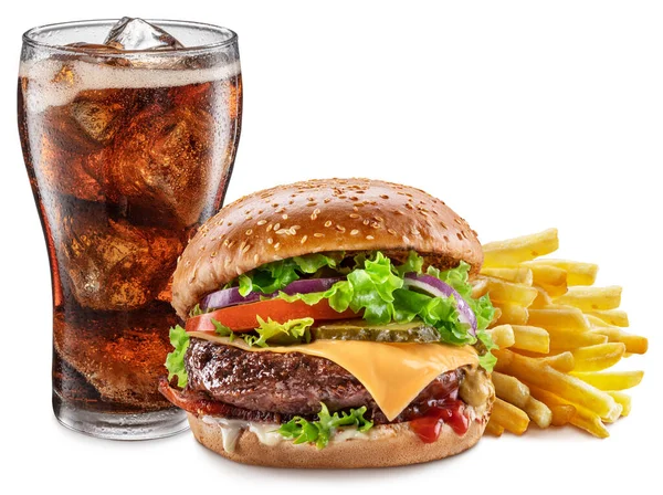 Leckere Cheeseburger Mit Cola Und Kartoffelfrites Auf Weißem Hintergrund Fastfood — Stockfoto