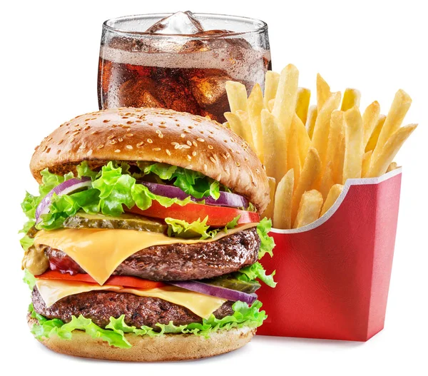 Leckere Cheeseburger Mit Cola Und Kartoffelfrites Auf Weißem Hintergrund Fastfood — Stockfoto