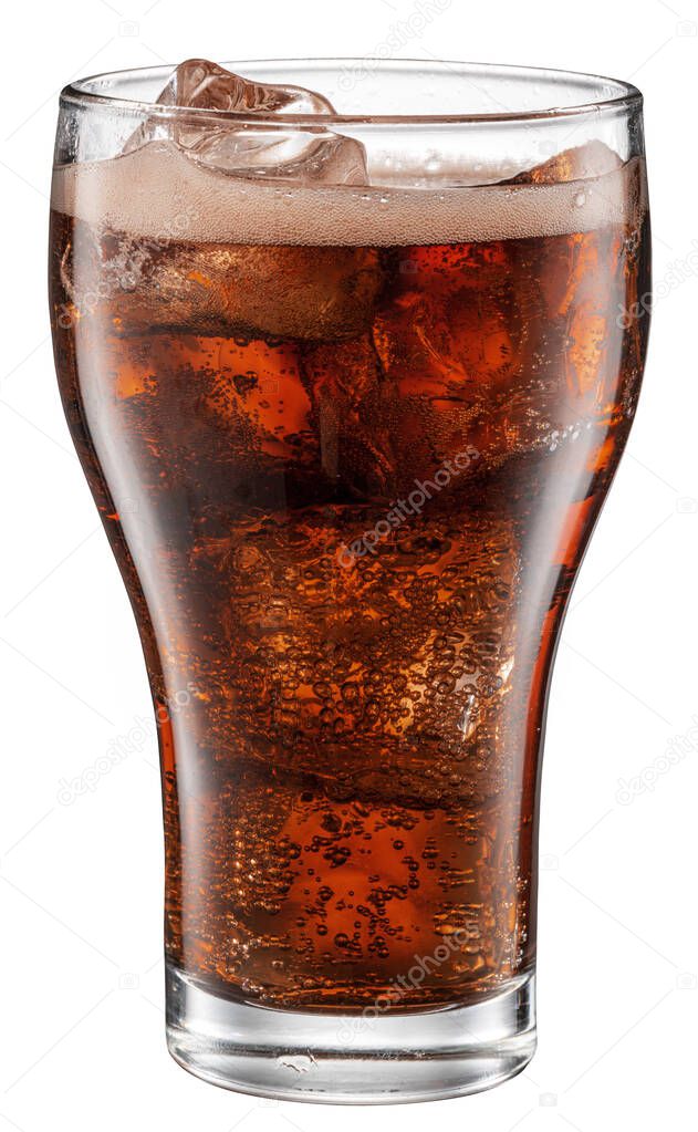 Glass of cola drink with ice cubes isolated on white background. File contains clipping path.