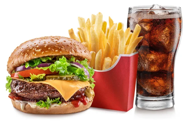 Heerlijke Cheeseburger Met Cola Aardappelfrietjes Witte Achtergrond Fastfood Concept — Stockfoto