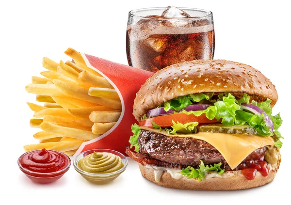 Leckere Cheeseburger Mit Cola Und Kartoffelfrites Auf Weißem Hintergrund Fastfood — Stockfoto