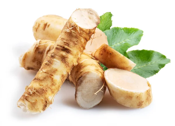 Horseradish Roots Green Leaves Close White Background — Stock Photo, Image