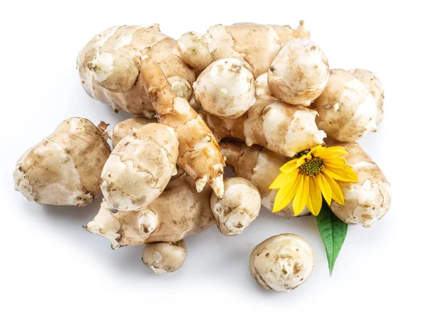 Gerusalemme Radici Carciofo Con Foglie Fiore Topinambur Isolato Fondo Bianco — Foto Stock