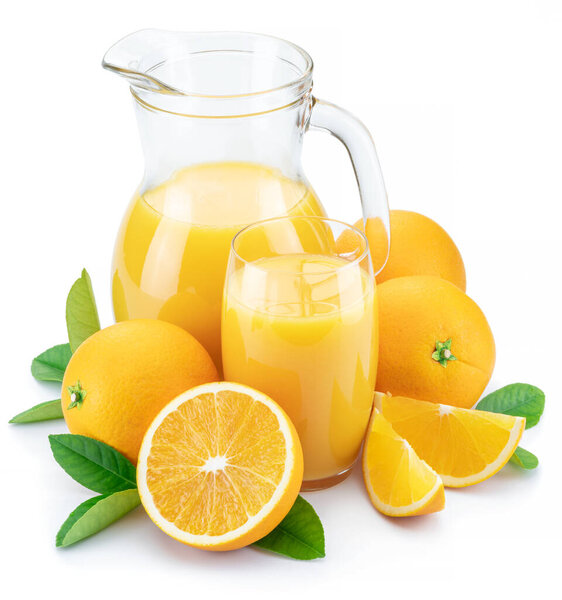 Yellow orange fruits and fresh orange juice isolated on white background.