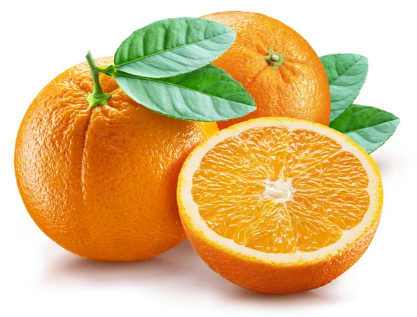 Orange Frukt Och Orange Skiva Med Gröna Blad Vit Bakgrund — Stockfoto